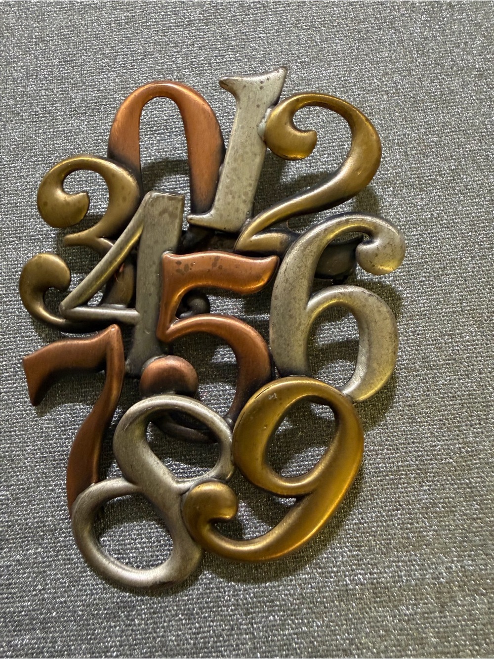 Large Numbers Brooch Pin Mixed Metal Gold Copper Pewter Modern Statement Jewelry